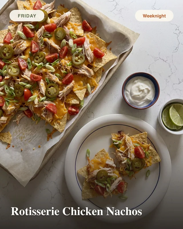 AI-generated carousel draft showing rotisserie chicken nachos on a tray and plate.