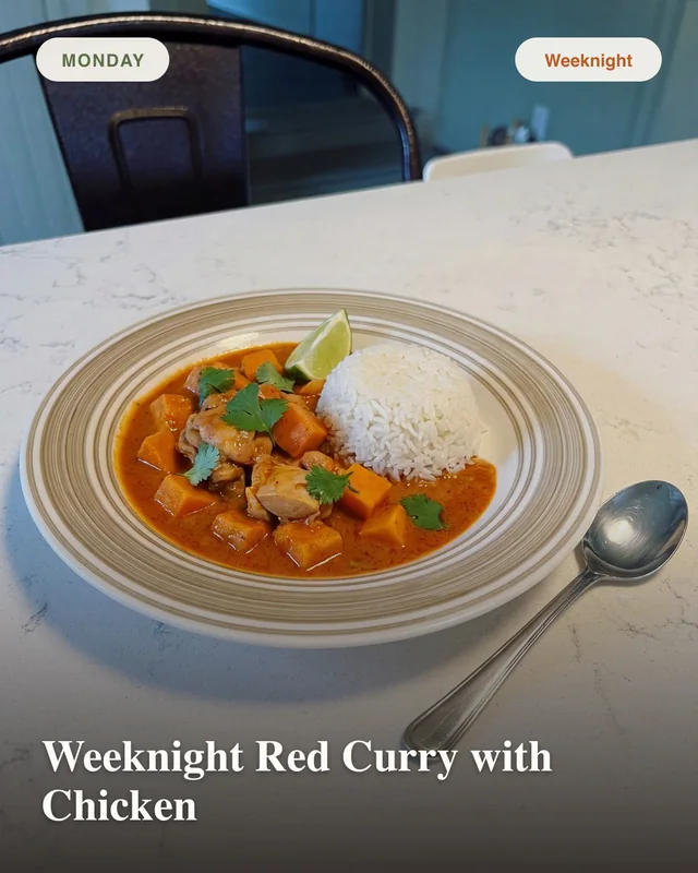 AI-generated carousel draft for weeknight red curry with chicken and rice.