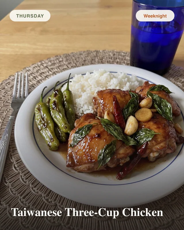 AI-generated carousel draft for Taiwanese three-cup chicken with rice and shishito peppers.